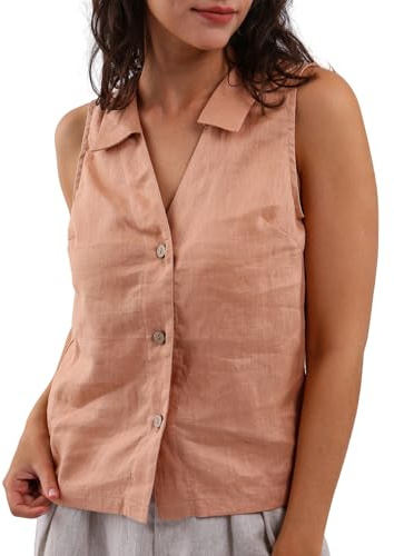 Amazhiyu Women Linen Vest Tops, Summer Casual Tank Tops Ladies Sleeveless Blouse Button Down Tank Tops Lapel V Neck Shirts Pink, Small