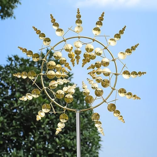 SENIURIS 3D Metall Sonnenblumen Windmühle, Magischer Wind Dynamics Spinner, Kinetische Windmühle mit Zwei Rotoren Einzigartig, Garten Outdoor Rasen Wetterfahne Yard Décor. (Gold)