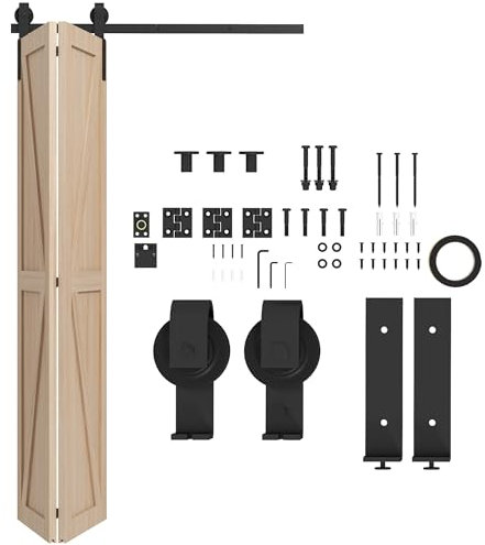 HOMCOM 4FT/122CM Bi-Folding Sliding Barn Door Hardware Track Kit, Heavy Duty Sliding Door Kit for 2 Doors with J Shape Hanger