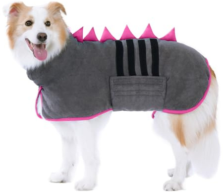 HezzLuv Super Absorbent Dog Bathrobe, Microfiber Bath Robe Towel for Fast Drying, Cozy Fit, Adjustable Belly Strap, Unique Dinosaur Design Dog Drying Coat for Bath, Rainy Walks & Cold Weather