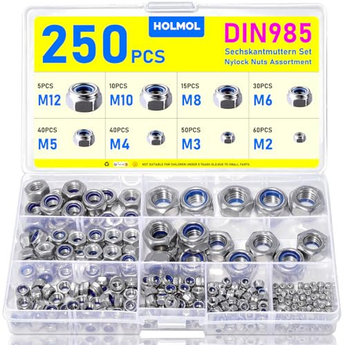 250 Stück Sechskantmutter, HOLMOL DIN 985 Selbstsichernde Muttern Edelstahl mit Box, Sicherungsmuttern für Schrauben, Selbstsichernde Muttern Set, A2 V2A Edelstahlmutter mit Metrischem Regelgewinde