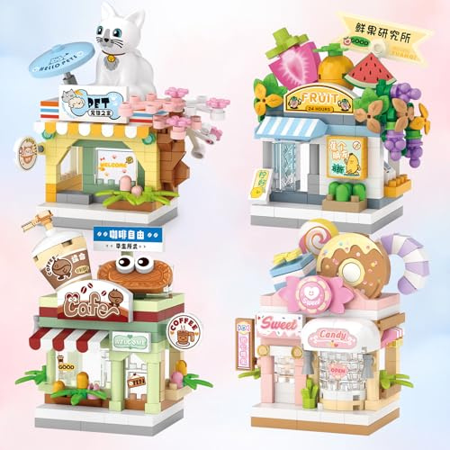 MEIEST 4 PCS Mini City shop Street View Building Blocks Set,Simulation Architecture Collection Particle Construction Building Bricks Toy,Home Decor