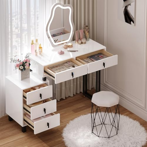 WOLTU Sminkbord med oregelbunden spegel och dimbart ljus, sminkbord med högglansig bänkskiva, 2 lådor och 1 byrå, trä + metall, modern sovrumsmöbler, svart och vitt.