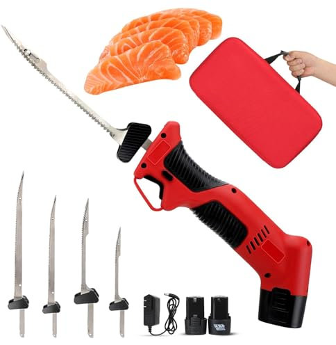 Uppladdningsbar elektrisk kniv, sladdlös elektrisk filékniv for fisk/fiske, med 4 belagda non-stick fram- och återgående blad och 2 uppladdningsbara litiumjonbatterier, säkert lås och halkfritt handta
