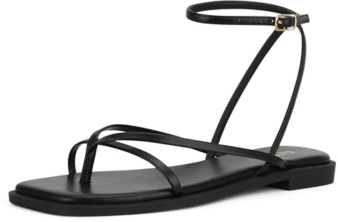 DIFEMA Womens Flats Sandals Square Toe Strappy Ankle Strap Flats, LESLIE-BLACK-8