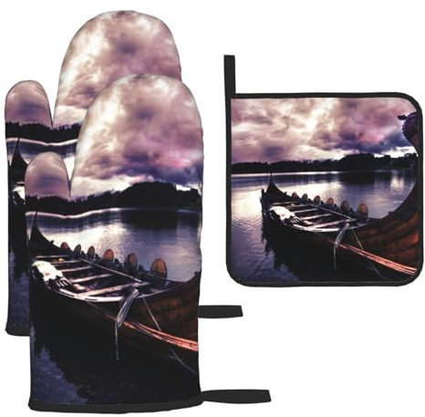 Vikings Boat Oven Mitts And Pot Holders Sets.Heat Resistant And Waterproof.With Hanging Rings.Used In Kitchen,Barbecue,Baking And Cooking