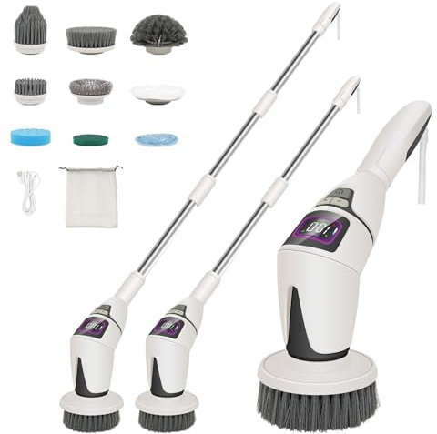 Electric Spin Scrubber,Electric Cleaning Brush with Long Handle & 10 Replaceable Brush Heads,IPX7 Waterproof Shower Power Scrubber for Kitchen,Car,Tile,Wall,Floor,Shower