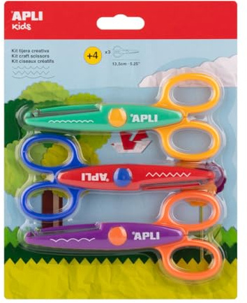 APLI Kids 20001 - Lot de 3 ciseaux créatifs pour enfants de maternelle 13,5 cm - Inclut des ciseaux courbes, dentelés et zigzag - Encourage la créativité chez les enfants de 4 ans et plus.