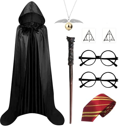 JSTHHTT Set costume da mago 11 pezzi, Costume da Mago per Bambini, Bacchetta Magic, Kit Cosplay Mago Magico, Halloween Occhiali Neri Rotondi Occhiali Senza Lenti, per Halloween Carnevale Feste Cosplay