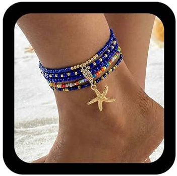 Allereya Boho Blu Seme Perline Cavigliera Bracciale Mare Stella Marina Cavigliera Elastico Perline Bracciale Regolabile Stella Marina Piede Catena Gioielli Per Le Donne