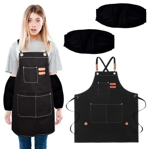 Marjoramy Lavoro Grembiuli con Manicotti Resistenti all'Olio, Grembiule da Cucina, Regolabile Cuoco Grembiuli con 3 Tasche, Manicotti Impermeabili per Braccio, Grembiule Giardinaggio per Uomini Donne