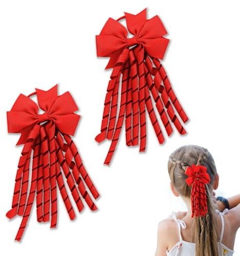 Dalababa 2 Pcs Hair Bow Spiral Streamers, Kids Hair Bobbles Ties Bands, Curly Ribbons Ponytail Holder Accessories for Girls Toddler School Uniform Birthday Gift - Red