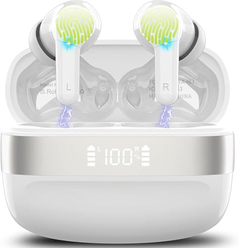 Auriculares Inalámbricos Bluetooth, 3D HiFi Estéreo Cascos Inalambricos Bluetooth 5.3 con 4 Cancelación Mic, 48H Headphones con Carga Rápida USB, IPX7 Impermeable Auriculares para iOS Android. Blanco