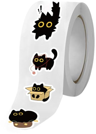Rouleau d'Autocollants de Chat - Autocollants Drôles De Chatons Noirs Dessins Animés Pour Ordinateur Portable - 500 Feuilles/Rouleau Décoration Pour Journal Créatif, Enveloppes, Gourdes Et
