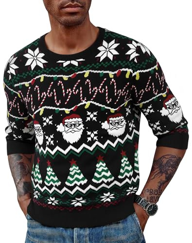Terecey Jersey Hombre Navideño Estampado Papá Noel y Árbol de Navidad Ropa Navideña Cuello Redondo Suéter Navidad Eventos Temáticos