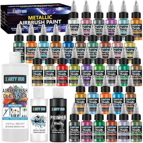 X ARTY HUB Kit de 36 Pinturas Metálicas para Aerógrafo, con Imprimación Negra, Diluyente 120 ml y Limpiador 500 ml, Set de Pinturas Acrílicas Listas para Pulverizar, para Artistas y Principiantes