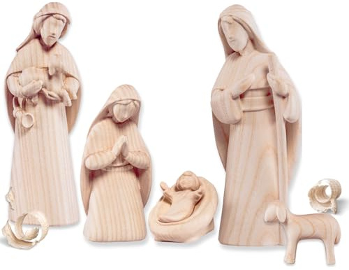 Akantus Krippenfiguren Set 6-teilig aus Holz – Weihnachtskrippe mit HL. Familie, Hirte & Schaf – liebevoll Geschnitzte Krippenfiguren aus Eschenholz – Traditionelle Krippe aus Südtirol
