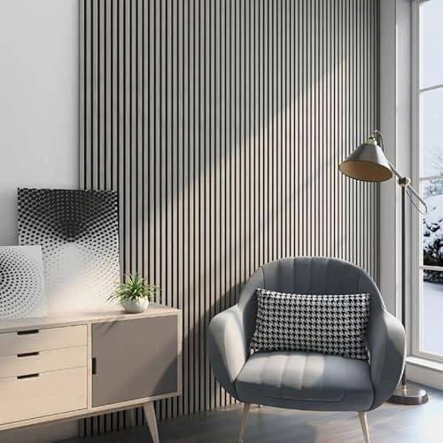 Slat Wall Panelling 2400mm x 600mm, 1 Pack Acoustic Wall Slatted 3D Wood Veneer Panels, Sound Absorbing Decorative Self Adhesive Wall Panels, Sound Proof Panels for Walls Office Bedroom (Grey Oak)