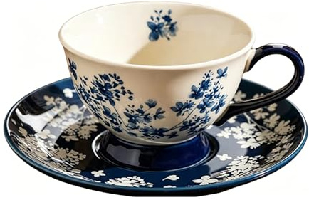fanquare Elegante Set Tazzina da Caffè e Piattino in Porcellana 220ml,Tazza da Tè Vintage con Motivo Floreale Blu marino e bianco Servizio da Tè Pomeridiano Elegante per Casa e Ufficio