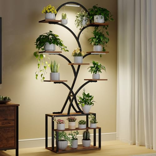 Hzuaneri Soporte para Plantas con Luz de Cultivo, Estantería para Macetas de 10 Niveles con 3 Luces LED, Soporte Decorativo de 168cm para Salón, Balcón y Jardín Interior, Marrón Rústico PS16201BEU