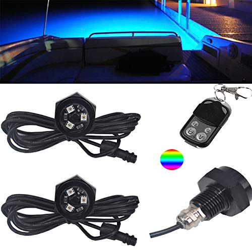 NBWDY RGB LED 1/2in NPT Boat Drain Plug Light Underwater Lights with 4-Key RF Remote Control,DC12V,50000hr Lifespan Marine Led Lamp for Garber-Fishing,Swimming,Diving(Pack of 2)