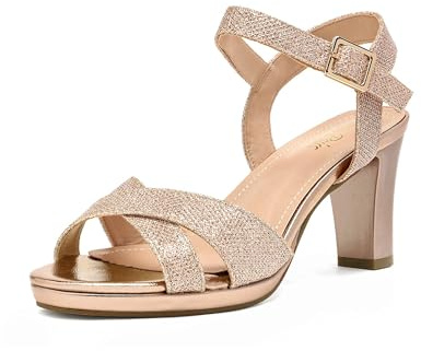 DREAM PAIRS Women's Chunky Heels Open Toe Ankle Strap Sparkly Heels Pump Sandals,Size 6.5,Champagne/Glitter,ICE-1