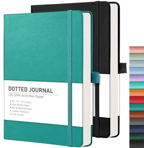 RETTACY Cuaderno de puntos A5, 2 unidades, diario de cuadrícula de puntos con 320 páginas numeradas, tapa dura, papel grueso de 120 g/m², 8 hojas perforadas, soporte para bolígrafos, bolsillo interior