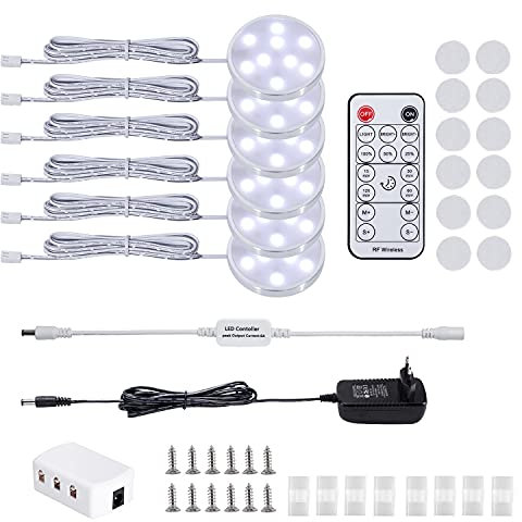 LABOREDUCER Illuminazione sotto l'armadio dimmerabile con spina, illuminazione per armadietto da 12V 6 pezzi con telecomando, luce notturna da cucina a LED per scaffale, espositore, scaffale (6500K)