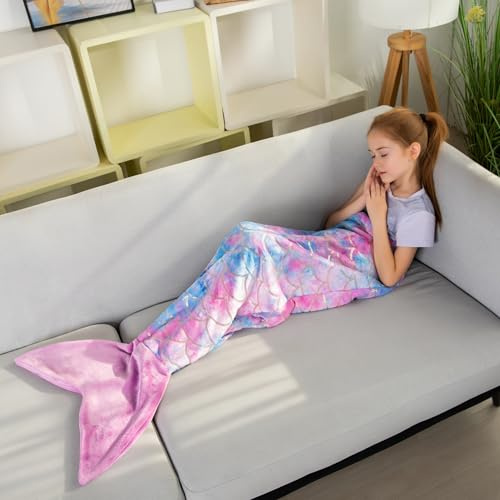 Mermaid Tail Blankets Glittering Wearable Cute Cozy Soft Flannel Rainbow Colorful Mermaid Tail Blanket for Kids 5~12 Year