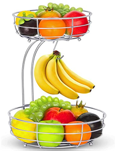 Fuleadture 2-stöckiger Obstkorb mit Bananenhalter, stehende tägliche Küche, moderne Obstschale, praktische Obstschale, Gemüsekorb aus Metall, Silber