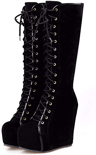 Aobaoya Women Platform High Heels Boot Height Increasing Round Toe Lace-Up Winter Knee High Wedges Boots (Black, numeric_10)