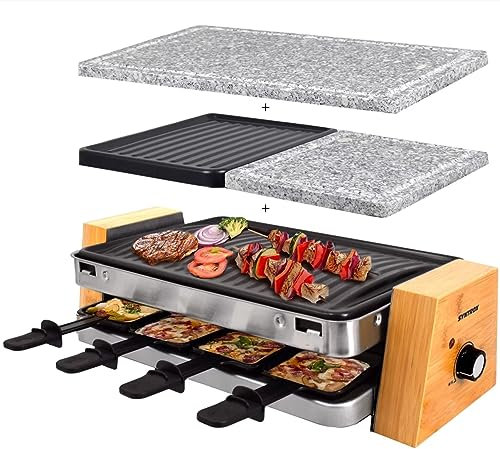 Syntrox Raclette-Grill Set Lugaro, Tischgrill, 1200Watt für 8 Personen, Party-Raclette Set Lugano mit Wechselplatten, 10kg, Edelstahl, Multifunktional, Steaks, Fisch, gegrilltes Gemüse