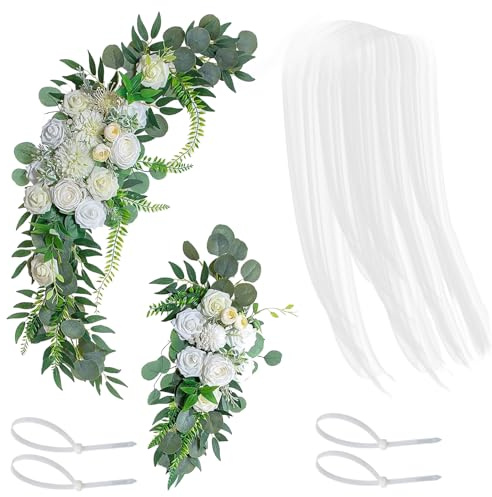 Set di 3 Kit di Fiori per Arco Nuziale, Romantico Festone di Fiori di Rosa Artificiale con Tessuto Drappeggiato per lo Sfondo del Ricevimento di Nozze, Cartello di Benvenuto per la Cerimonia(Bianco)