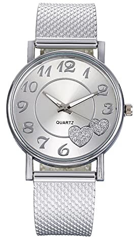 Herren Analog Quarz Uhr mit Echtes Lederarmband Big Mesh Watches Damenuhr Valentines Mädchen Gold Damen Gesicht Rose Bewegung Herz Quarz Gürtel Armbanduhr Diamond Day Herren (Silver, One Size)