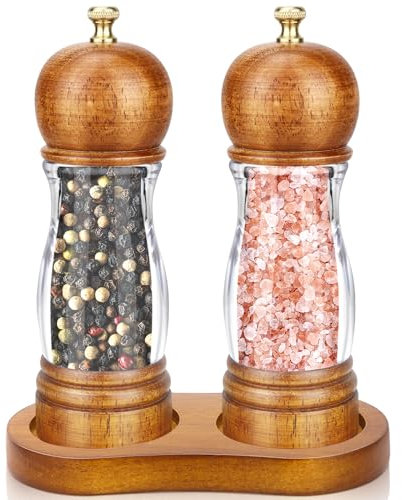 BOCHION Salt and Pepper Grinder Set, Premium Wooden Salt Grinder and Pepper Mill with Adjustable Ceramic Core & Tray for Coarse to Fine, Manual Spice Shakers with Acrylic Window, Easy to Refill