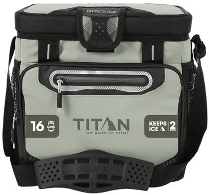 Titan by Arctic Zone Zipperless Soft Sided Cooler with HardBody Liner and SmartShelf, Insulated Bag with Shoulder Strap for Lunch and Travel, 16 Can Capacity, Seagrass