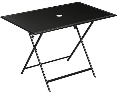Outsunny Table à Manger de Jardin Pliable pour 6 Personnes, avec Plateau en Verre trempé, Table extérieure rectangulaire avec Trou de Parasol pour Jardin, Patio, terrasse, 110 x 70 x 70 cm, Noir