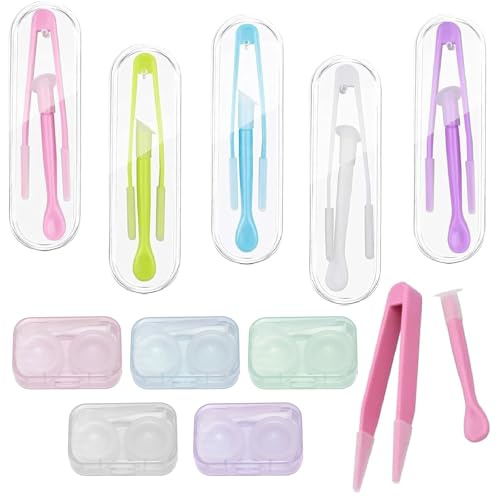 SHENSAIGO 10 stycken kontaktlinser insatshjälp, plastkontaktlinsnappar, kontaktlinsborttagningsborttagare med kontaktlinsbehållare, färgglada kontaktlinspincetter för alla linstyper mjuk hård