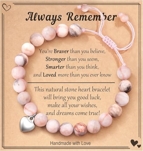 yuandnn Natural Stone Healing Crystal Bracelets, Adjustable Stretch Pink Zebra Bracelet Crystal Jewelry Yoga Meditation Relax Gifts Friendship Birthday with Encourage Quote Card for Girls & Women (A)