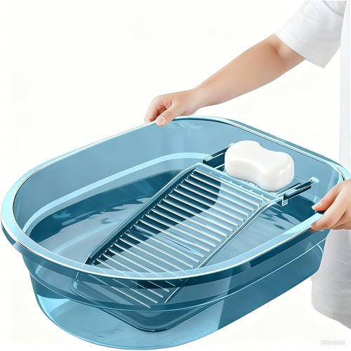 Portable Washboard & All-in-One Laundry Basin Set - Heavy-Duty Wash Board for Hand Washing Clothes | Built-in Scrub Surface, Drain Plug for Camping, RV, Emergency Use (Blue, 16 in)