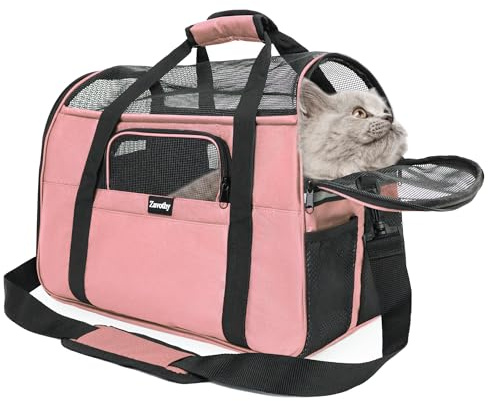 Zavothy Transportín para gatos y perros, bolso de transporte, transpirable y plegable, caja de transporte para gatos con bandolera ajustable, colchón de peluche removible (rosa claro, M)
