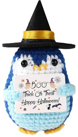 TOYMIS Gehäkelter Pinguin, Handgefertigte Positive Pinguin-Häkelpuppe mit Hexenhut und Halloween-Themenkarte Geeignet Als Halloween-Dekorationsgeschenk für das Home Office (Blau)