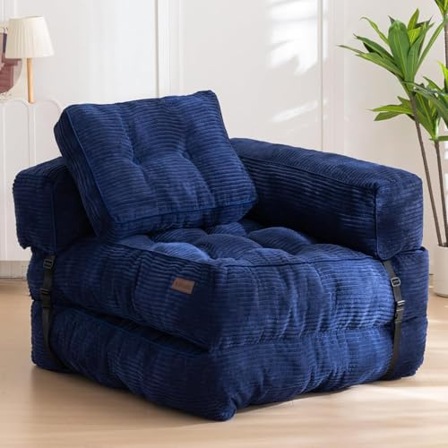 MAXYOYO Foldable Sofa Bed,Bean Bag Couch Convertible Sleeper Chair with Armrest L-Shaped Floor Lounge Sofa with Pillow Portable Lounge Seat for Bedroom & Living Room