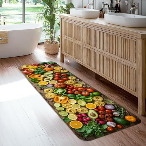 Alfombra de pasillo con diseño de tomates, diseño moderno de campanas de limón y pimienta, verde, antideslizante, para el hogar, interiores, no se desprende, para cocina, lavandería, puerta, entrada