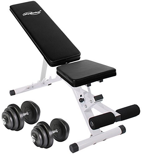 Physionics® Multifunktional Hantelbank mit Hantelset - Hantelbank (aus Stahl, bis 200kg, Verstellbar), Hantelset (2 Kurzhanteln, 40kg, Ø25 mm) - Schrägbank, Trainingsbank, Fitnessbank mit Gewichten