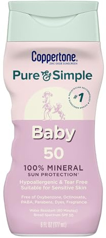 Coppertone Pure & Simple Baby SPF 50 Sunscreen Lotion, Tear Free, Water Resistant, #1 Pediatrician Recommended Brand, Plus 100% Natural Botanicals, 6 Ounce