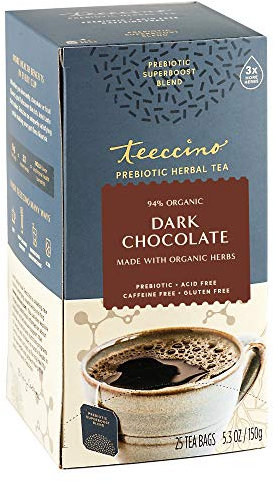Teeccino Té de Hierbas Chocolate Oscuro - Prebiotic SuperBoost™ - Apoya tus probióticos con prebióticos para una buena salud intestinal y regularidad, Té de chocolate digestivo, 25 bolsas de té.