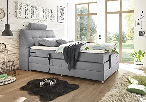 MöbisandMore Designer Boxspringbett Emil 120x200 cm H3 bis 130 KG | Komfort Matratzen | Stauraum - Motor + Premium Topper inkl. (Light Grey)
