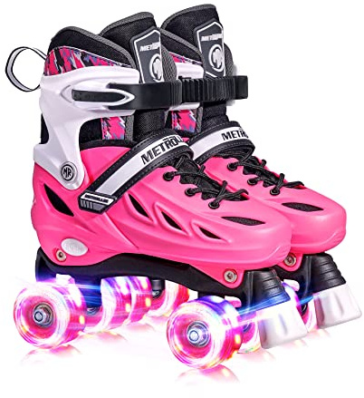 METROLLER Roller Skates for Girls Ages 5-8 8-12 and Boys Teens, Adjustable 4 Sizes for Kids Toddler Rollerskates with Light up Wheels, for Women (Rose, Large-Youth & Adult (4-7 Men/5-8 Women))