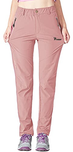donhobo Lightweight Walking Trousers Womens Quick Dry Outdoor Hiking Pants with Zip Pockets Water-Resistant Ladies UPF 50+ Casual Trouser for Work Golf Gym(Pink, L)